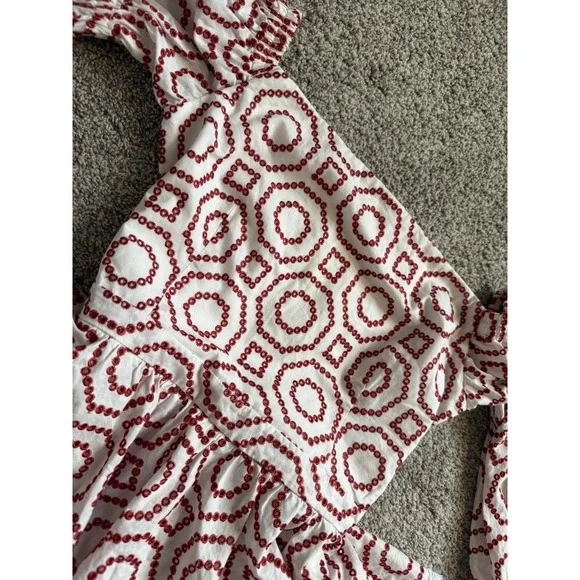 ALEXIS Geometric Embroidered Mini Dress Red White Fringe Balloon Sleeve S - Picture 3 of 6